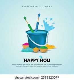 happy holi festival creative social media post illustration with holi liquid color bucket and color splash