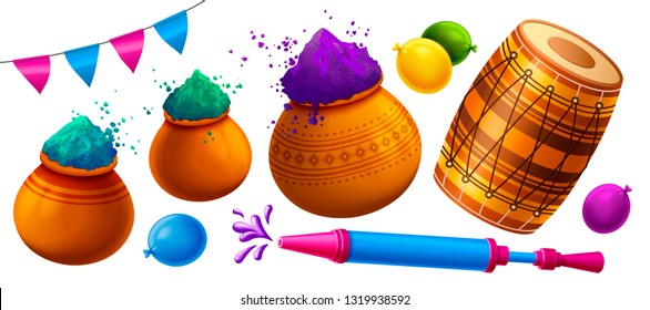 Happy holi festival element with colorful gulal, dhol and pichkari on white background