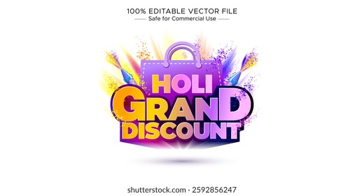 Happy Holi- Holi Festival Grand Discount Sale, Offer Logo and Promotional Banner Design with Vibrant Color Splash.