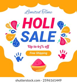 Happy Holi Festival Greeting Background Design with Vibrant Colors. Holi Sale Banner with discount Up to 65%. Vector. Free Shipping. Limited Time. 65% off.