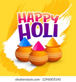 happy holi festival greeting with bowl of gulal (powder color) background