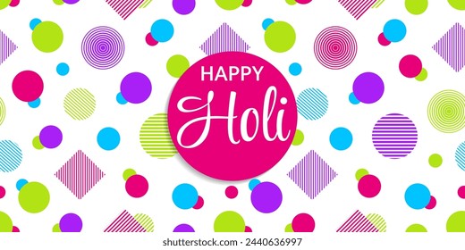 Happy Holi festival greeting card vector illustration. Indian traditional holidays background. Bright colorful chaotic shape like a paint splashes, drops. Geometric element backdrop with random splats