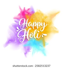 Happy Holi Festival greeting card. Indian Festival of colors. Hand lettering and Holi powder paints. Vector illustration.