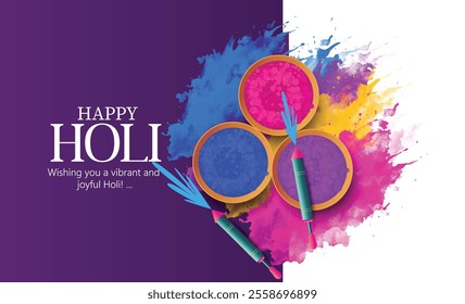 Happy Holi festival greeting featuring bowls of colorful powders, symbolizing joy and festivity. 