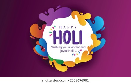 Happy Holi festival greeting featuring bowls of colorful powders, symbolizing joy and festivity. 