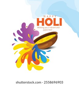 Happy Holi festival greeting featuring bowls of colorful powders, symbolizing joy and festivity. 