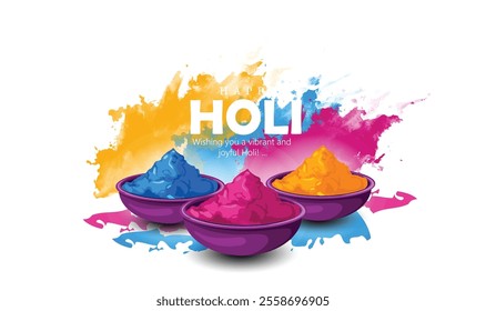 Happy Holi festival greeting featuring bowls of colorful powders, symbolizing joy and festivity. 