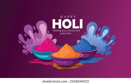 Happy Holi festival greeting featuring bowls of colorful powders, symbolizing joy and festivity. 