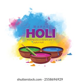 Happy Holi festival greeting featuring bowls of colorful powders, symbolizing joy and festivity. 