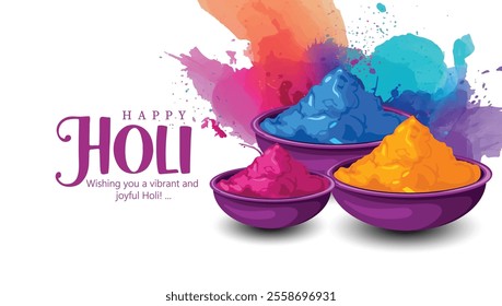 Happy Holi festival greeting featuring bowls of colorful powders, symbolizing joy and festivity. 