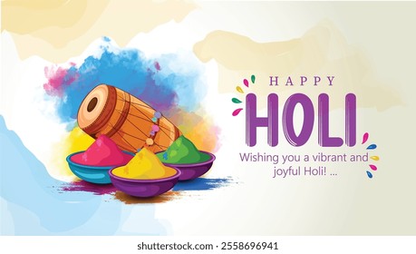 Happy Holi festival greeting featuring bowls of colorful powders, symbolizing joy and festivity. 