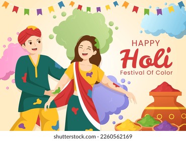 Happy Holi Festival Illustration with Colorful Pot and Powder In Hindi for Web Banner or Landing Page in Flat Cartoon Hand Drawn Templates