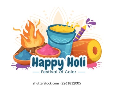Happy Holi Festival Illustration with Colorful Pot and Powder In Hindi for Web Banner or Landing Page in Flat Cartoon Hand Drawn Templates