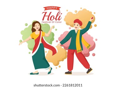 Happy Holi Festival Illustration with Colorful Pot and Powder In Hindi for Web Banner or Landing Page in Flat Cartoon Hand Drawn Templates