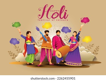 Happy holi festival of India background. group of people playing holi dance. vector illustration banner design