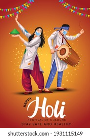  Happy holi festival of India culture background. vector illustration of couple playing holi dance. covid corona virus concept