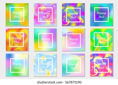 Happy Holi festival in India set greeting card, poster, flyer, invitation. Templates for your design. Collection multicolored gradient mesh backgrounds. Vector illustration