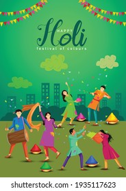  Happy holi festival. Indian people dance with holi celebration  background. vector illustration design