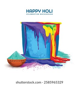 Happy holi festival with holi liquid color bucket card background