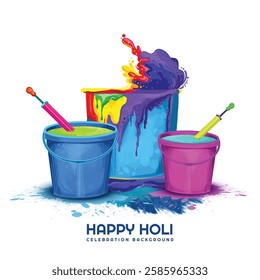 Happy holi festival with holi liquid color bucket card background