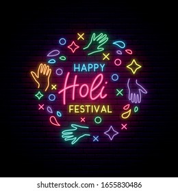 Happy Holi Festival neon signboard. Shiny colorful text, stars, confetti and hands on dark brick wall background. Vector design for Indian festival. 