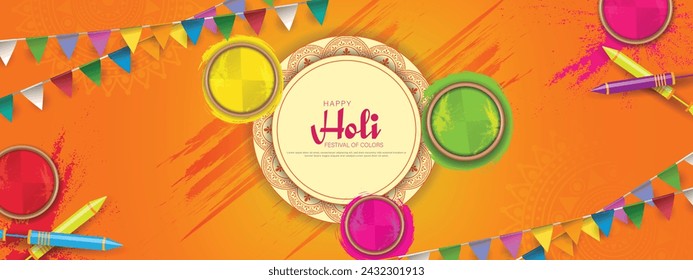 Happy holi festival party banner template design with holi powder color bowls on multicolor background. Vector illustration.