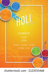 Happy holi festival party brochure, flyer card template design with holi powder color bowls on multicolor background. Vector illustration.