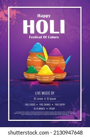 Happy holi festival party brochure, flyer card template design with holi powder color bowls on multicolor background. Vector illustration.