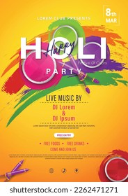 Happy holi festival party brochure, flyer card template design with holi powder color bowls on multicolor background. Vector illustration.