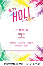 Happy holi festival party vector illustration background brochure, flyer, invitation card template with abstract colorful paint.