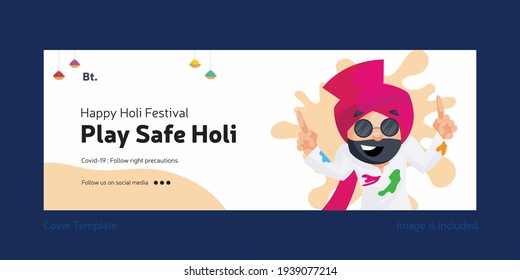 Happy Holi festival play safe Holi Facebook cover design. Vector graphic illustration.