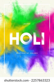 Happy holi festival poster. Abstract explosions of colorful powders. Vector illustration for decoration of Holi event. Template of design for branding cover, card, poster or banner.