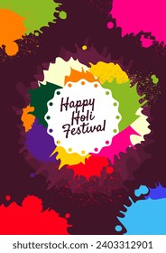 Happy Holi Festival poster. Bright banner or cover with spots, splashes and blast of multicolored powder. Greeting card to celebrate traditional Indian holiday. Cartoon flat vector illustration