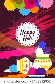 Happy Holi Festival poster. Bright flyer or cover with spots and splashes and vases with colorful powder. Design for greeting card for traditional Indian holiday. Cartoon flat vector illustration