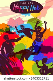 Happy Holi Festival poster. Greeting card for Traditional Indian holiday with people throwing multicolored powder. Design element for event invitation or cover. Cartoon flat vector illustration