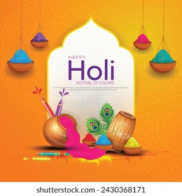 Happy holi festival poster template with holi powder color bowls on multicolor background. Vector illustration.