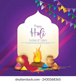 Happy holi festival poster template with holi powder color bowls on multicolor background. Vector illustration.