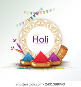 Happy holi festival poster template with holi powder color bowls on white background. Vector illustration.