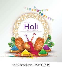 Happy holi festival poster template with holi powder color bowls on white background. Vector illustration.