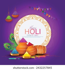 Happy holi festival poster template with holi powder color pots and bowls on purple background. Vector illustration.