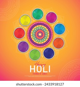 Happy holi festival poster template with holi powder color bowls on multicolor background. Vector illustration