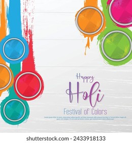 Happy holi festival poster template with holi powder color bowls on white wooden texture background. Vector illustration.