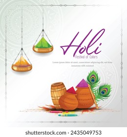 Happy holi festival poster template with holi powder color bowls on white background. Vector illustration.