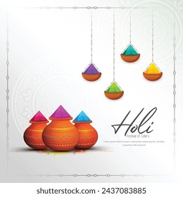 Happy holi festival poster template with holi powder color bowls on white background. Vector illustration.