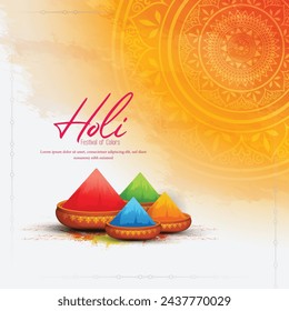 Happy holi festival poster template with holi powder color bowls on multicolor background. Vector illustration.