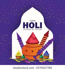 Happy Holi festival poster template with Holi powder color bowls on purple background