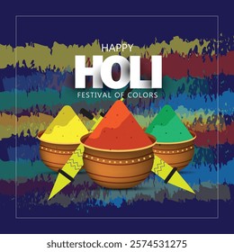 Happy Holi festival poster template with Holi powder color bowls on multicolor background