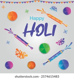 Happy holi festival poster template with holi powder color bowls on white background.