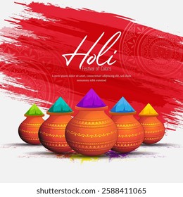 Happy holi festival poster template with holi powder color bowls on multicolor background. Vector illustration.