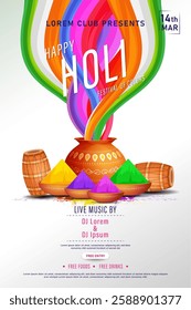 Happy holi festival poster template with holi powder color bowls on multicolor background. Vector illustration.
